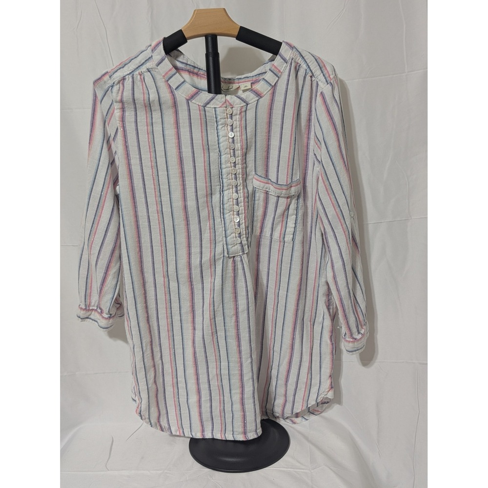 Caffe Marrakesh Womens XL Striped Metallic Henley Tunic Blouse White Pink Blue